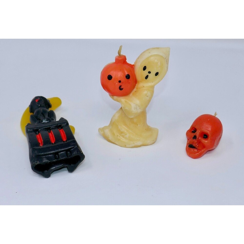 Gurley Vintage Halloween Candles Black Cat on Fence Ghost with Pumpkin Skull